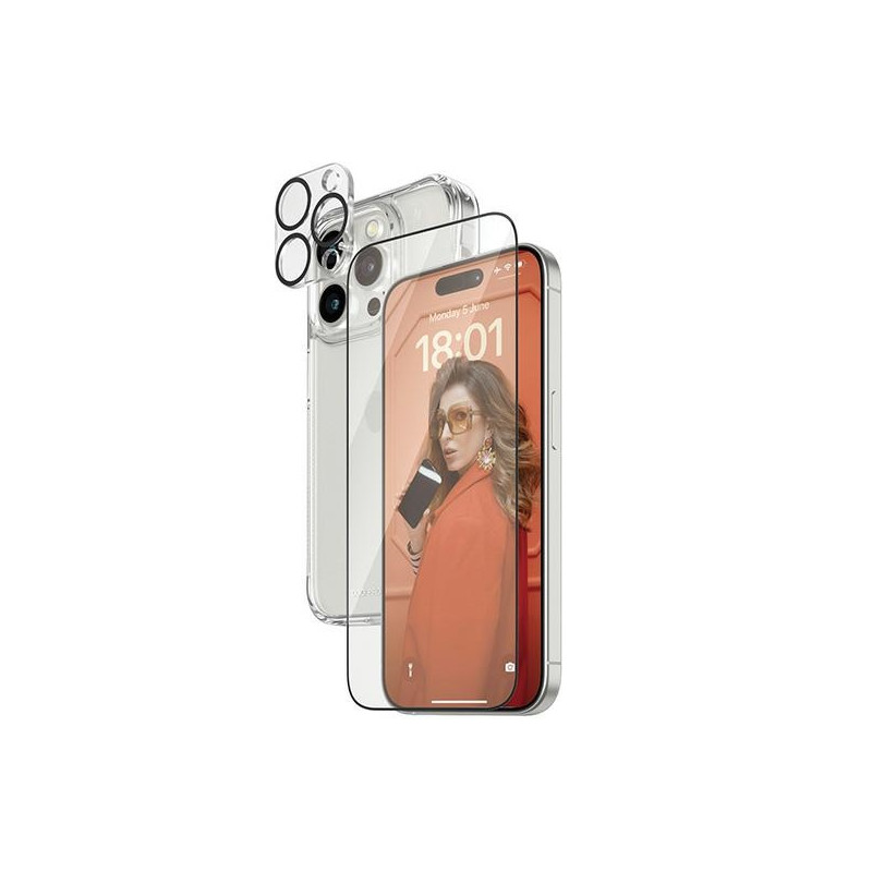 PanzerGlass Bundle 3in1 rinkinys permatomas dėklas + folija + fotoaparato dangtelis, skirtas iPhone 15 Pro Max