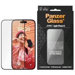 PanzerGlass Ceramic Protection keraminis stiklas skirtas iPhone 15 su padėties nustatymo reguliatoriumi