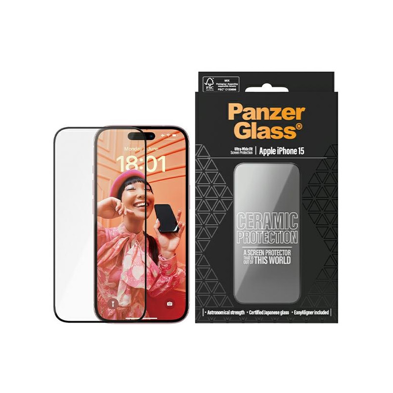 PanzerGlass Ceramic Protection keraminis stiklas skirtas iPhone 15 su padėties nustatymo reguliatoriumi