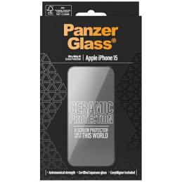 PanzerGlass Ceramic Protection keraminis stiklas skirtas iPhone 15 su padėties nustatymo reguliatoriumi