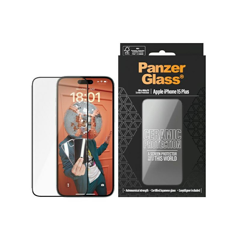 PanzerGlass Ceramic Protection keraminis stiklas skirtas iPhone 15 Plus su padėties nustatymo reguliatoriumi