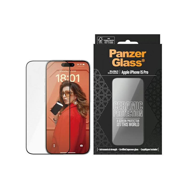 PanzerGlass Ceramic Protection keraminis stiklas skirtas iPhone 15 Pro su padėties nustatymo reguliatoriumi