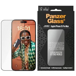 PanzerGlass Ceramic Protection keraminis stiklas skirtas iPhone 15 Pro Max su padėties nustatymo reguliatoriumi