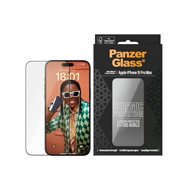 PanzerGlass Ceramic Protection keraminis stiklas skirtas iPhone 15 Pro Max su padėties nustatymo reguliatoriumi