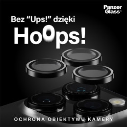 „PanzerGlass Hoops“ fotoaparato apsauga, skirta „iPhone 15 Pro“ / „15 Pro Max“ – su juodu rėmeliu