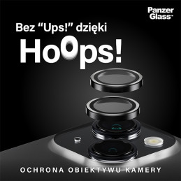 „PanzerGlass Hoops“ fotoaparato apsauga, skirta iPhone 15/ 15 Plus – su juodu rėmeliu