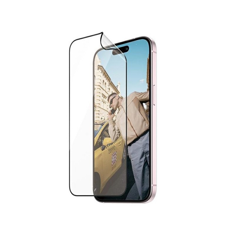 PanzerGlass Matrix Ultra-Wide-Fit hibridinis stiklas skirtas iPhone 15 su padėties nustatymo reguliatoriumi