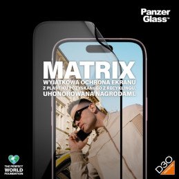 PanzerGlass Matrix Ultra-Wide-Fit hibridinis stiklas skirtas iPhone 15 su padėties nustatymo reguliatoriumi