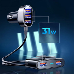 Joyroom greitas automobilinis įkroviklis 5x USB 6.2 A su ilginamuoju laidu juodas (JR-CL03)