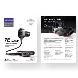 Joyroom greitas automobilinis įkroviklis 5x USB 6.2 A su ilginamuoju laidu juodas (JR-CL03)