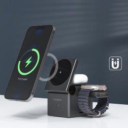 Choetech T632-F indukcinis įkroviklis 15W 3in1, skirtas iPhone / Apple Watch / AirPods - pilka