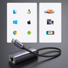 Ugreen išorinio tinklo plokštė C tipo USB – RJ45 1Gbps (1000Mbps) pilka (40322 CM483)