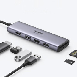 Ugreen 6in1 daugiafunkcis USB Type C HUB – 3x USB 3.2 Gen 1 / HDMI 4K 60Hz / SD ir TF kortelių skaitytuvas pilkas (60383...
