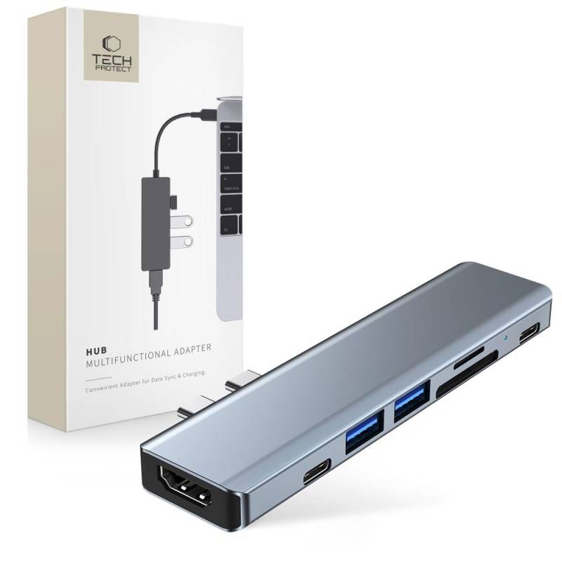 HUB Tech-Protect V5 7in1 2x USB-C - USB-A 3.0 / USB-A 2.0 / 2x USB-C / HDMI / micro SD / TF / SD kortelių skaitytuvas - ...