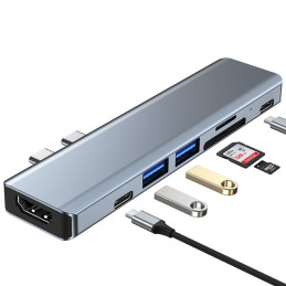 HUB Tech-Protect V5 7in1 2x USB-C - USB-A 3.0 / USB-A 2.0 / 2x USB-C / HDMI / micro SD / TF / SD kortelių skaitytuvas - ...