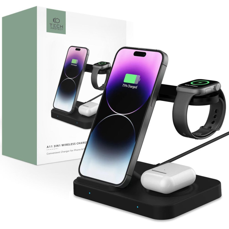 Tech-Protect A11 15W indukcinis įkroviklis išmaniojo telefono / ausinių / išmaniojo laikrodžio stovo „3 viename“ pavidal...