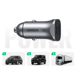 Ugreen automobilinis įkroviklis USB Type C / USB 24W Power Delivery Quick Charge pilkas (30780)