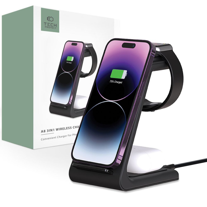 Tech-Protect A8 10W indukcinis įkroviklis išmaniojo telefono / ausinių / išmaniojo laikrodžio stovo „trys viename“ pavid...