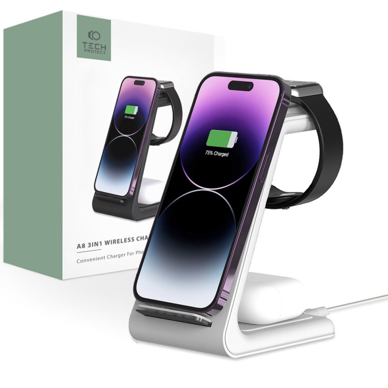 Tech-Protect A8 10W indukcinis įkroviklis išmaniojo telefono / ausinių / išmaniojo laikrodžio stovo „trys viename“ pavid...