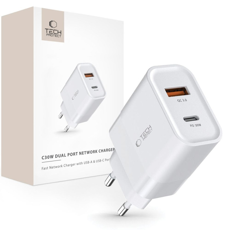 Tech-Protect C30W USB-C PD 30W / USB-A QC 3.0 tinklo įkroviklis – baltas