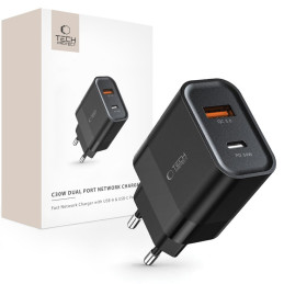 Tech-Protect C30W USB-C PD 30W / USB-A QC 3.0 tinklo įkroviklis - juodas
