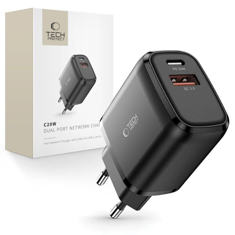 Tech-Protect C20W USB-C PD 20W / USB-A QC 3.0 tinklo įkroviklis – juodas