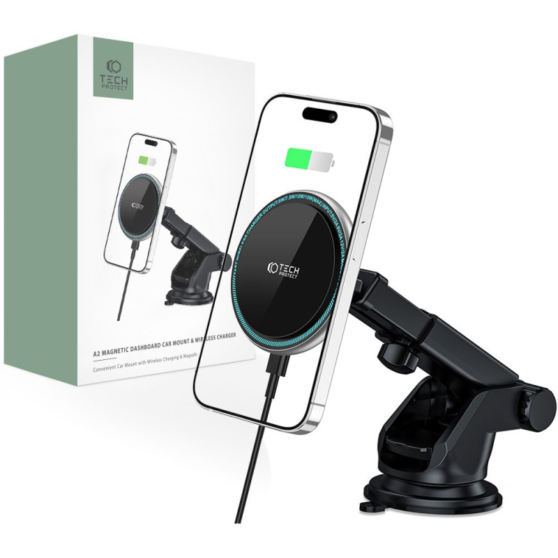 Tech-Protect A2 automobilinio telefono laikiklis su MagSafe 15W indukciniu įkrovikliu kabinai - juodas