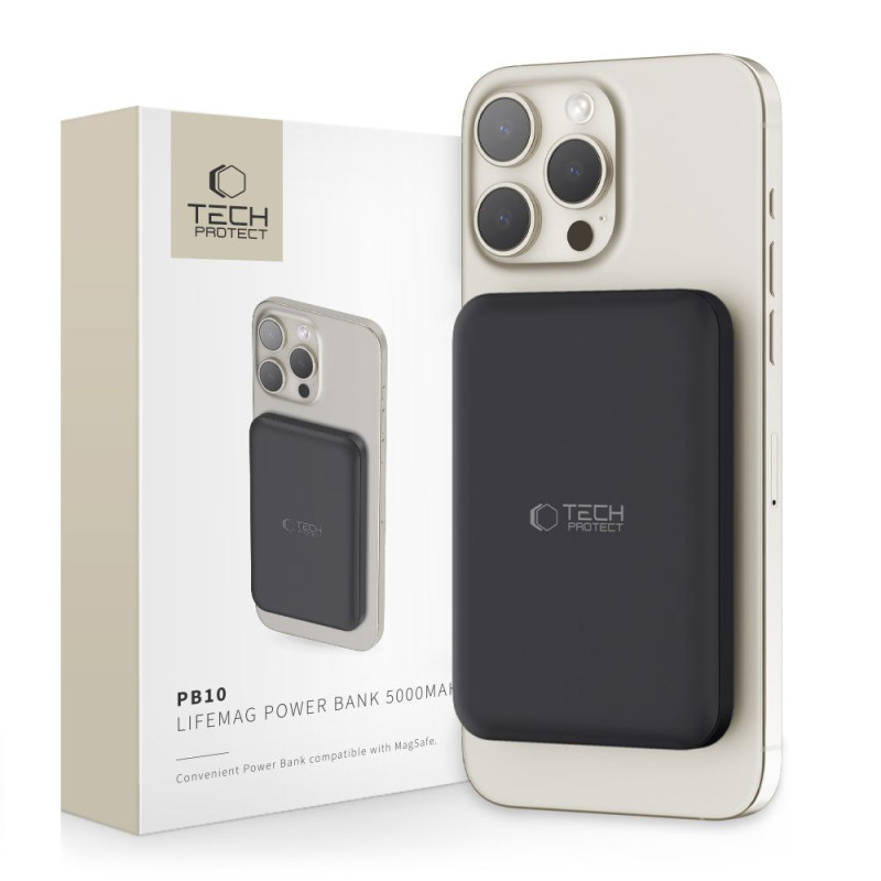 Tech-Protect LifeMag PB10 Powerbank su MagSafe 5000mAh 15W USB-C prievadu - juodas + USB-C laidas