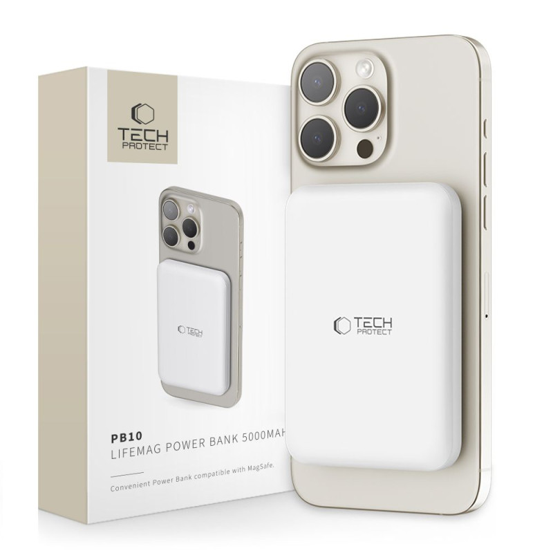 Tech-Protect LifeMag PB10 Powerbank su MagSafe 5000mAh 15W USB-C prievadu – baltas + USB-C laidas