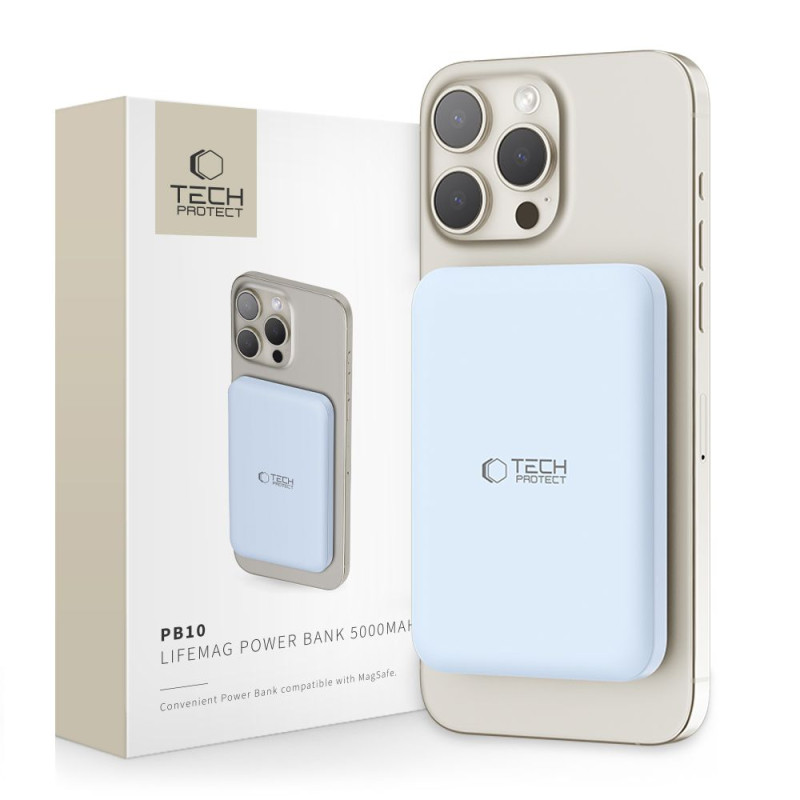 Tech-Protect LifeMag PB10 Powerbank su MagSafe 5000mAh 15W USB-C prievadu - mėlynas + USB-C laidas