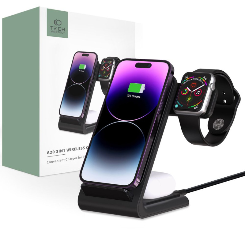 Tech-Protect QI15W-A20 indukcinis įkroviklis su 3in1 stovu išmaniesiems telefonams / ausinėms / Apple Watch - juodas