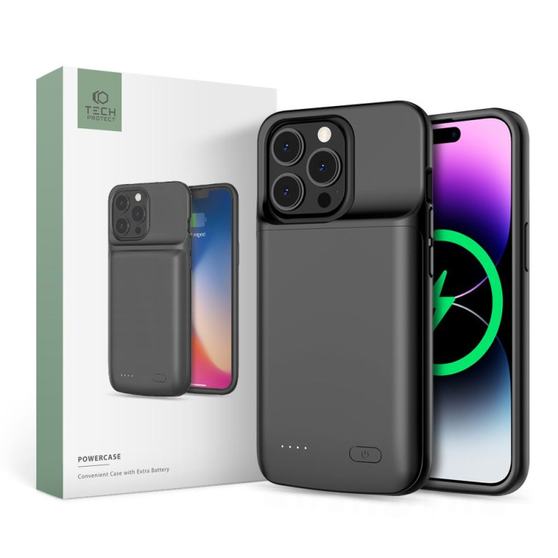 Tech-Protect PowerCase dėklas, skirtas iPhone 14 / 14 Pro su 4800 mAh maitinimo bloku - juodas