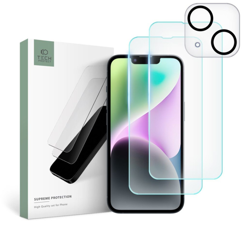 Tech-Protect Supreme rinkinys, skirtas iPhone 14 2x grūdintas stiklas ekranui / grūdintas stiklas fotoaparatui
