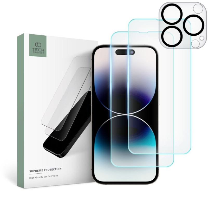 Tech-Protect Supreme rinkinys, skirtas iPhone 14 Pro Max 2x grūdintas stiklas ekranui / grūdintas stiklas fotoaparatui