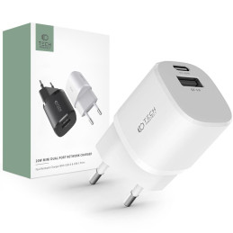 Tech-Protect C20W mini USB-C PD 20W / USB-A QC 3.0 tinklo įkroviklis – baltas