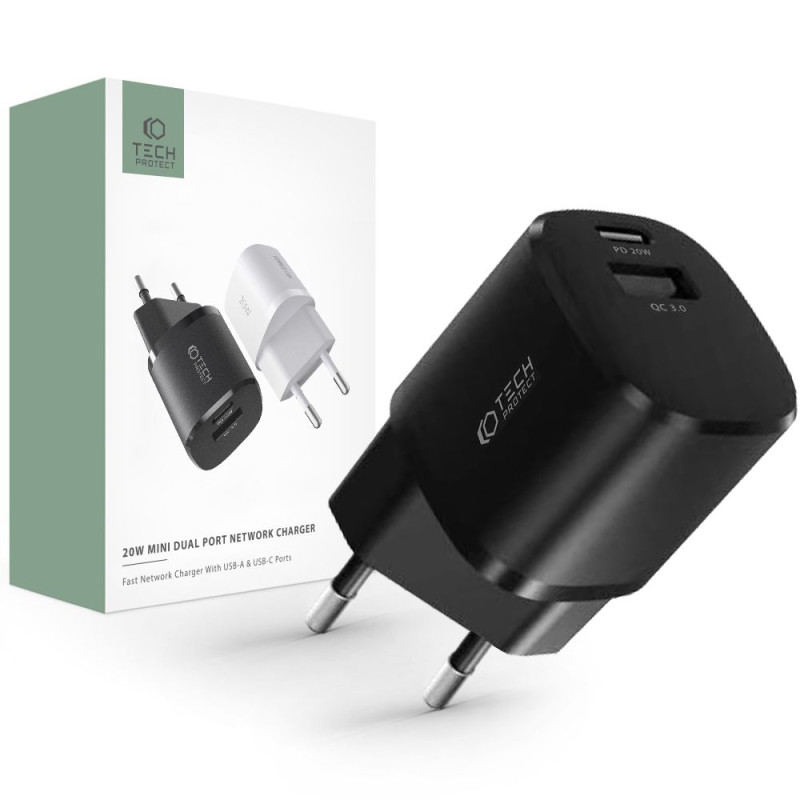 Tech-Protect C20W mini USB-C PD 20W / USB-A QC 3.0 tinklo įkroviklis - juodas