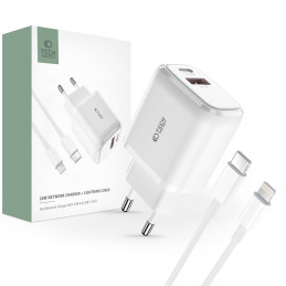 Tech-Protect C20W USB-C PD 20W / USB-A QC 3.0 tinklo įkroviklis su USB-C / Lightning laidu - baltas
