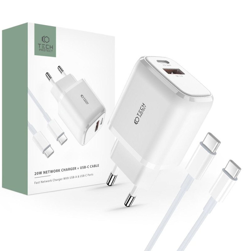 Tech-Protect C20W USB-C PD 20W / USB-A QC 3.0 tinklo įkroviklis su USB-C / USB-C laidu – baltas