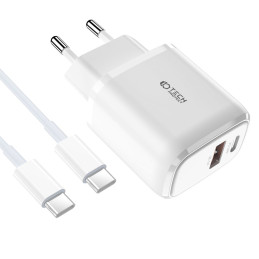 Tech-Protect C20W USB-C PD 20W / USB-A QC 3.0 tinklo įkroviklis su USB-C / USB-C laidu – baltas