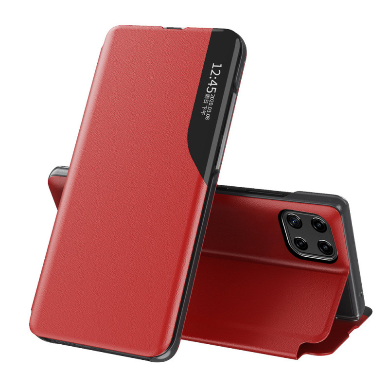 Elegantiškas Eco Leather View Case dėklas su atvartu ir stovo funkcija, skirta Samsung Galaxy A22 5G red