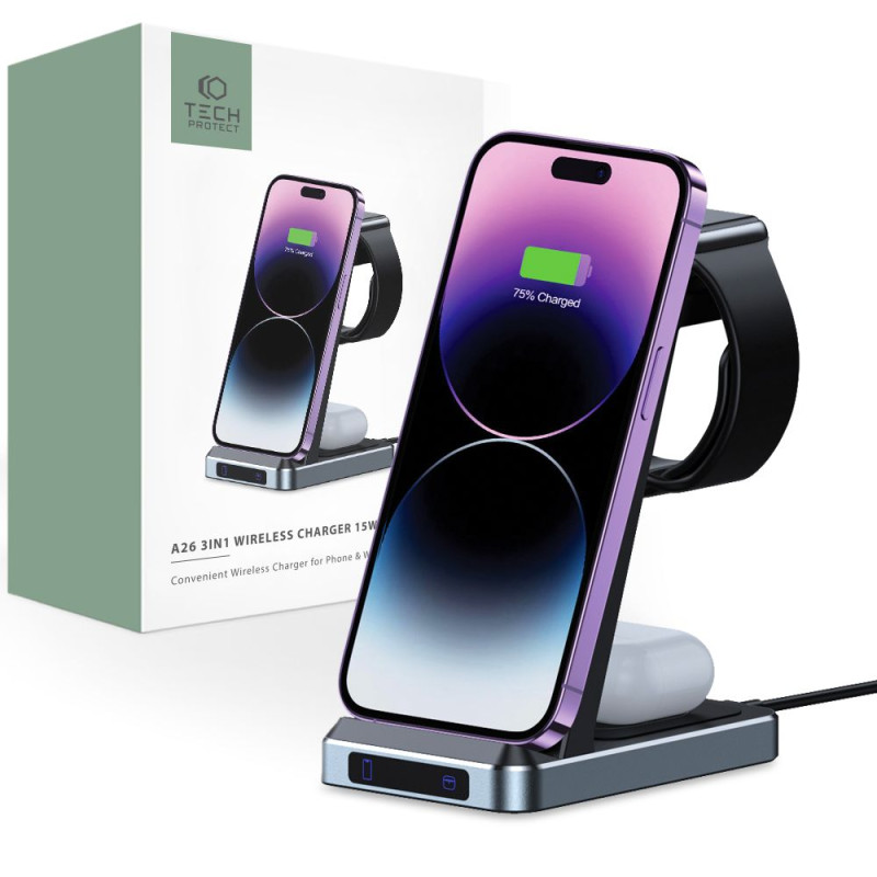 Tech-Protect QI15W-A26 indukcinis įkroviklis 15W 3in1 išmaniesiems telefonams / ausinėms / Apple Watch - juodas