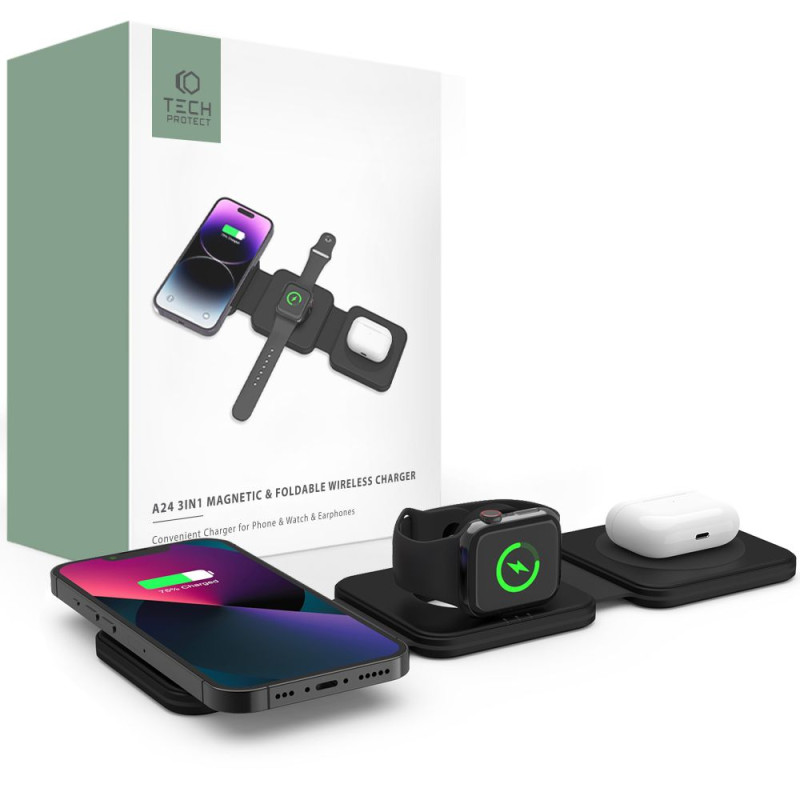 Tech-Protect QI15W-A24 indukcinis MagSafe 3in1 įkroviklis išmaniajam telefonui / AirPods / Apple Watch - juodas