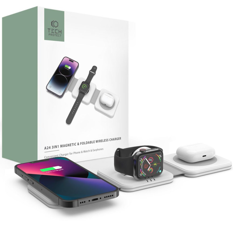 Tech-Protect QI15W-A24 indukcinis MagSafe 3in1 įkroviklis išmaniajam telefonui / AirPods / Apple Watch - baltas
