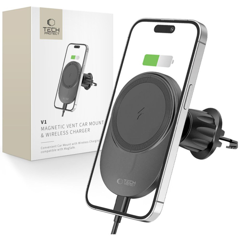 Tech-Protect MM15W-V1 automobilinis telefono laikiklis su MagSafe 15W indukciniu įkrovikliu oro išleidimo angai - juodas