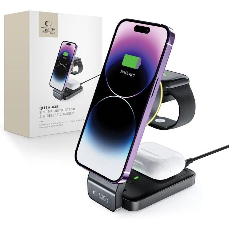 Tech-Protect QI15W-A28 indukcinis MagSafe 3in1 įkroviklis su stovu išmaniajam telefonui / Apple Watch / AirPods - juodas