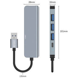 HUB Tech-Protect V0 5in1 USB-A - USB-A 3.0 / 3x USB-A 2.0 / USB-C - pilka