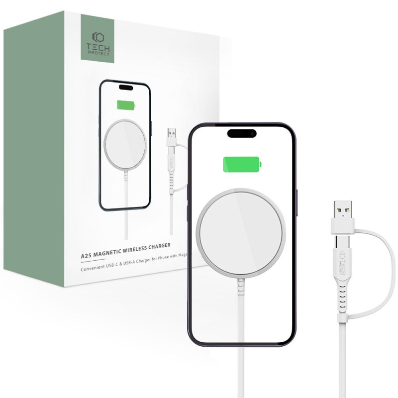 Tech-Protect QI15W-A25 indukcinis MagSafe 15W įkroviklis su USB-A / USB-C laidu - baltas