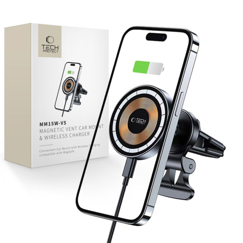 Tech-Protect MM15W-V5 automobilinis telefono laikiklis su MagSafe 15W indukciniu įkrovikliu oro išleidimo angai - juodas