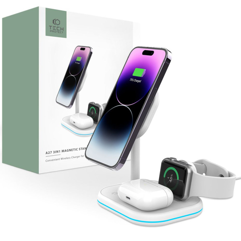Tech-Protect QI15W-A27 3in1 indukcinis įkroviklis su stovu su MagSafe išmaniajam telefonui / Apple Watch / AirPods - bal...
