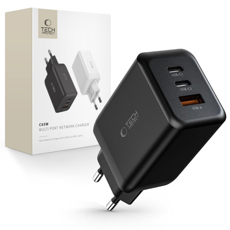 Tech-Protect C65W tinklo įkroviklis 2x USB-C PD 65W / USB-A QC 3.0 - juodas